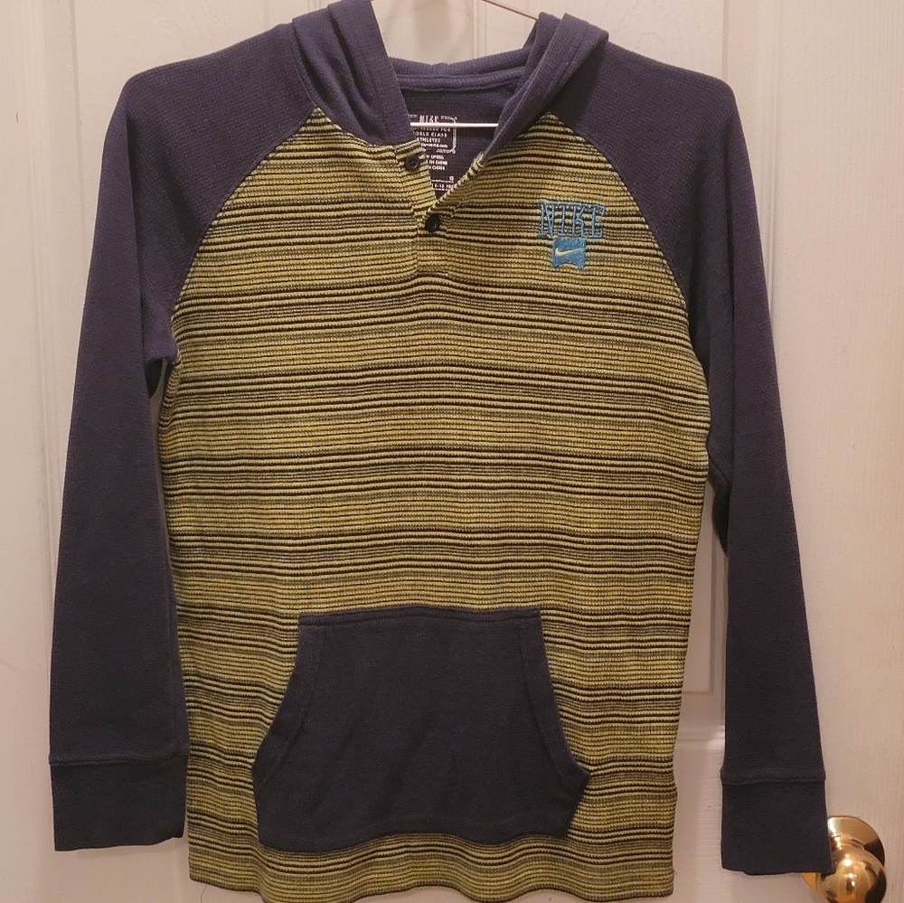 Nike Hoodie Shirt - Boys Size Large (12-13 Years Old) Navy Blue & Green Pullover